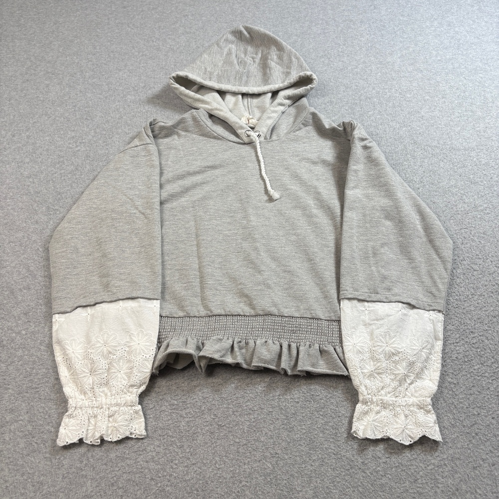 Anthropologie Hoodie Womens XS Gray Embroidered Lace Sleeve Ruffle Hem Pullover